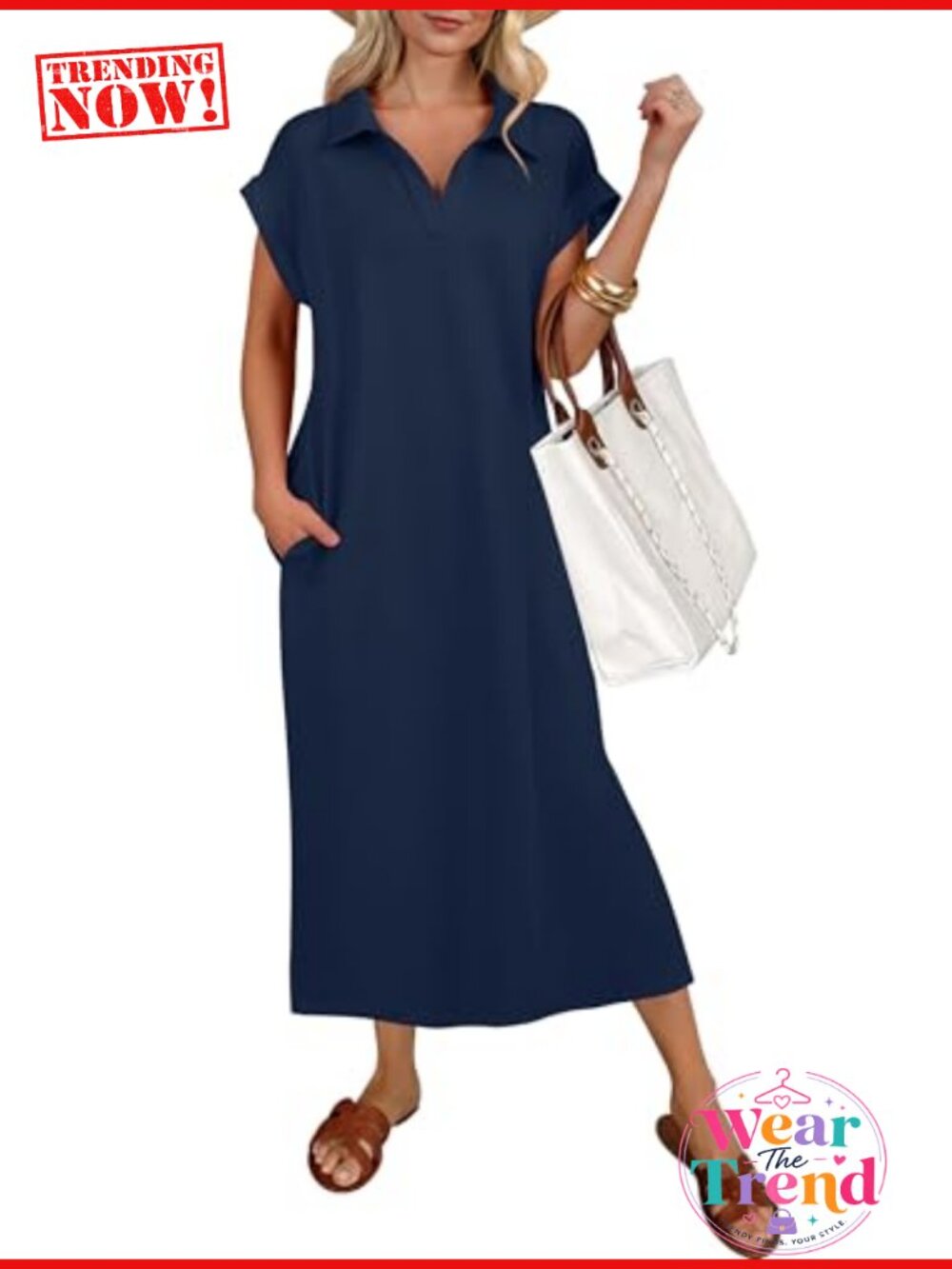 Womens Casual Midi Dress Polo V Neck Short Sleeve Side Slit Pockets